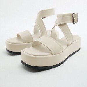 Zara Off White/Cream Leather Flat Strappy Platform Sandals Boho Beach Summer